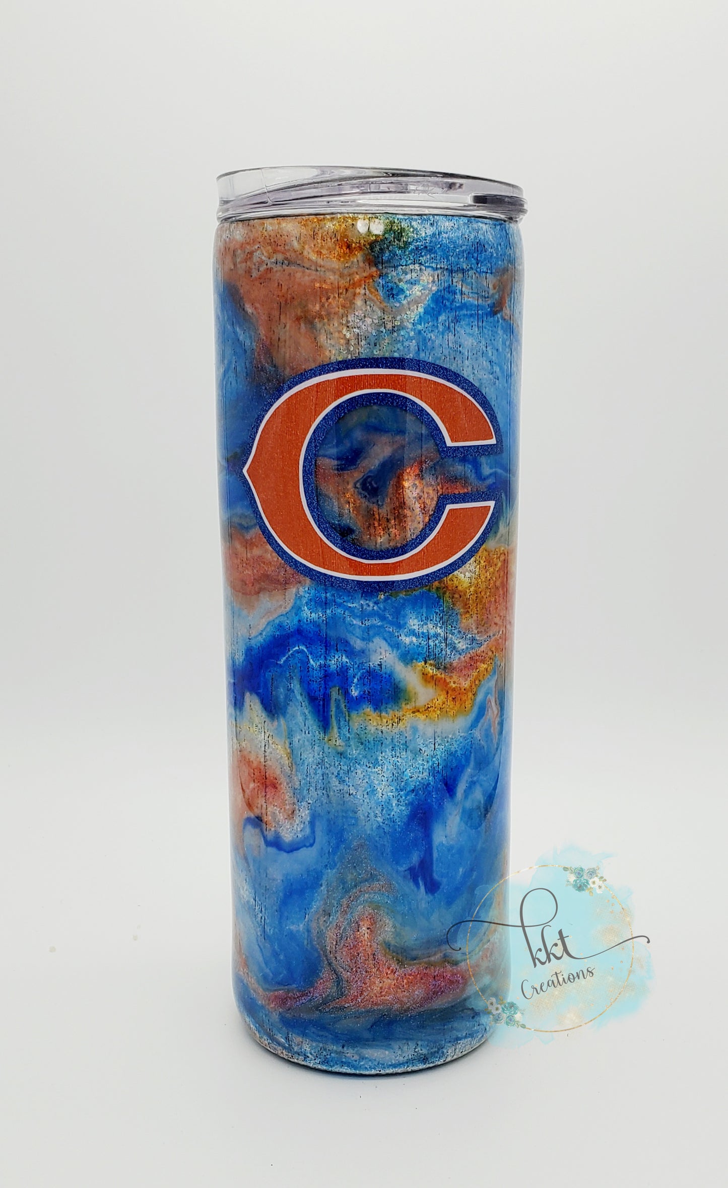 Alcohol Ink Swirl "C" Custom Tumbler - 20 oz skinny straight - blue, orange, white