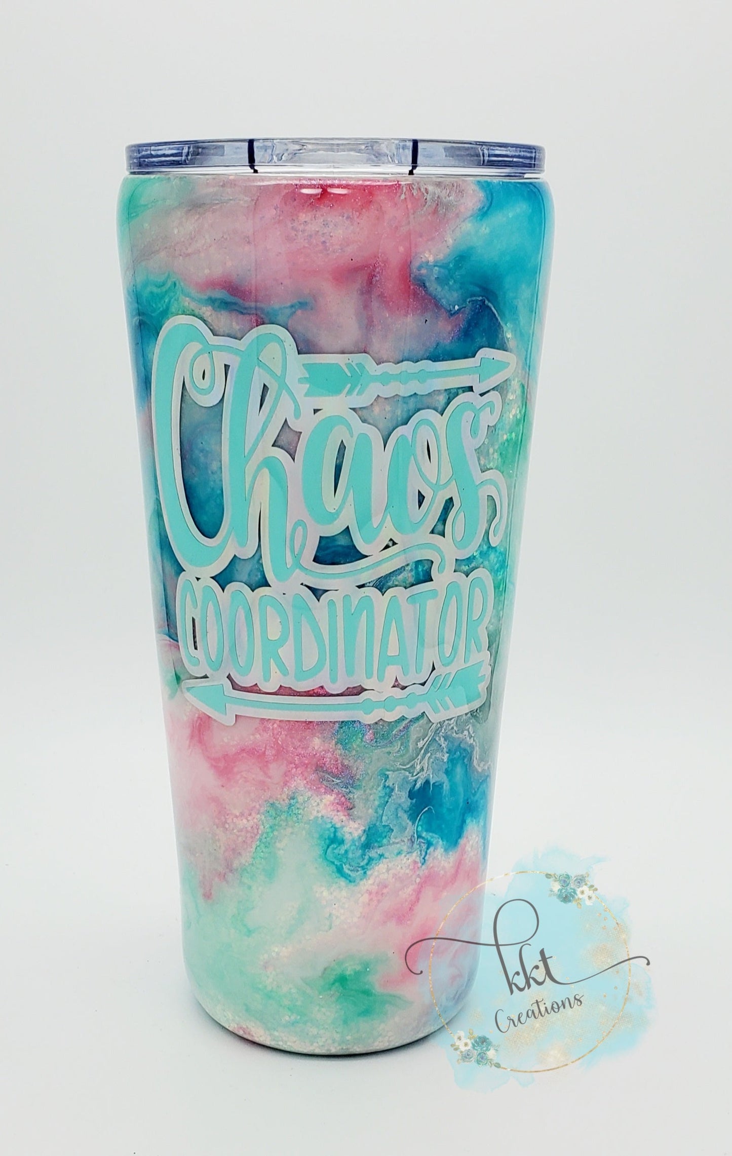 Chaos Coordinator Alcohol Ink Swirl Custom Tumbler - 22 oz slim taper - pink, blue, mint