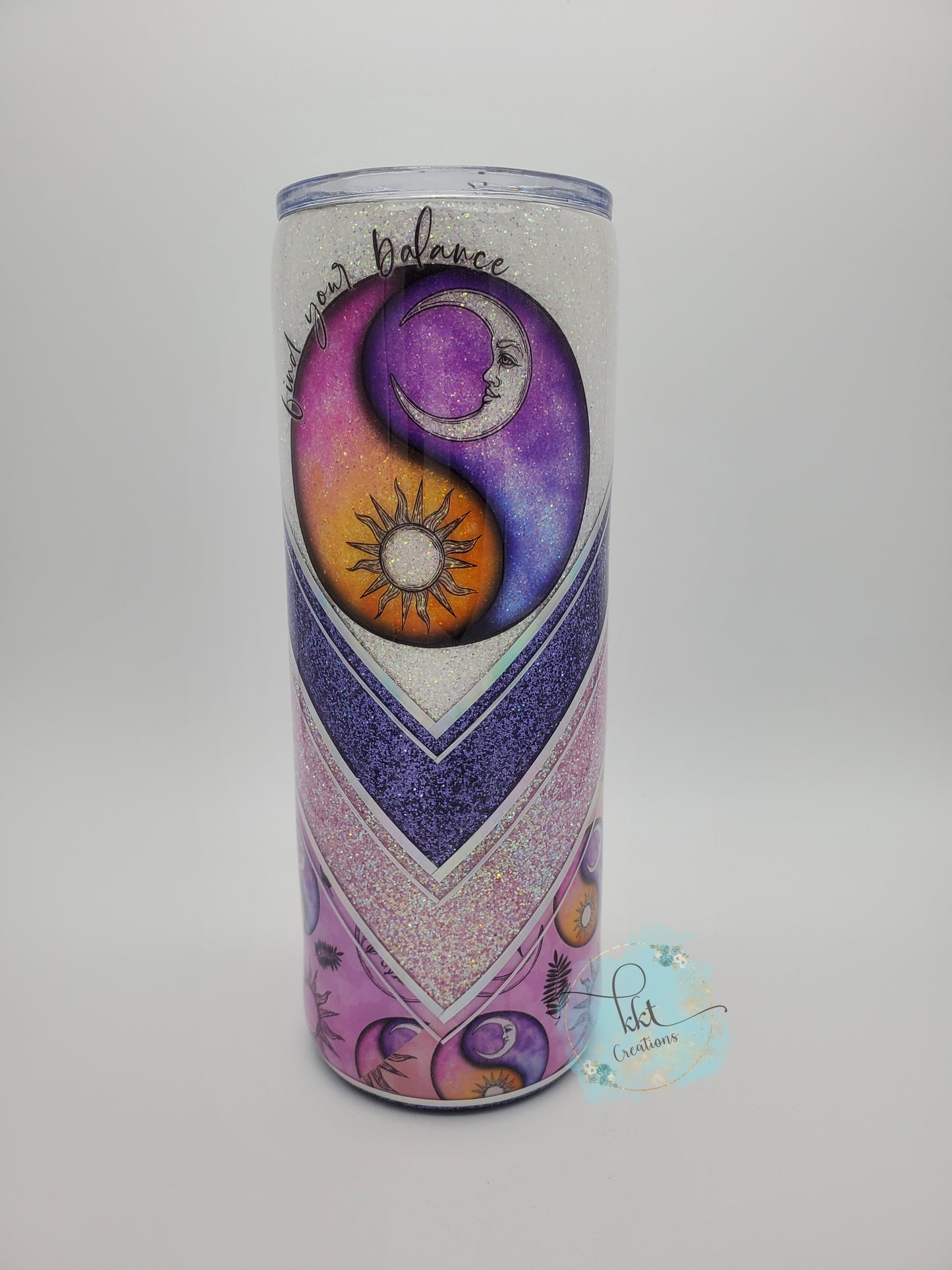 Find Your Balance Yin Yang Sun Moon V-Split glitter custom tumbler - 24 oz skinny - pink, purple