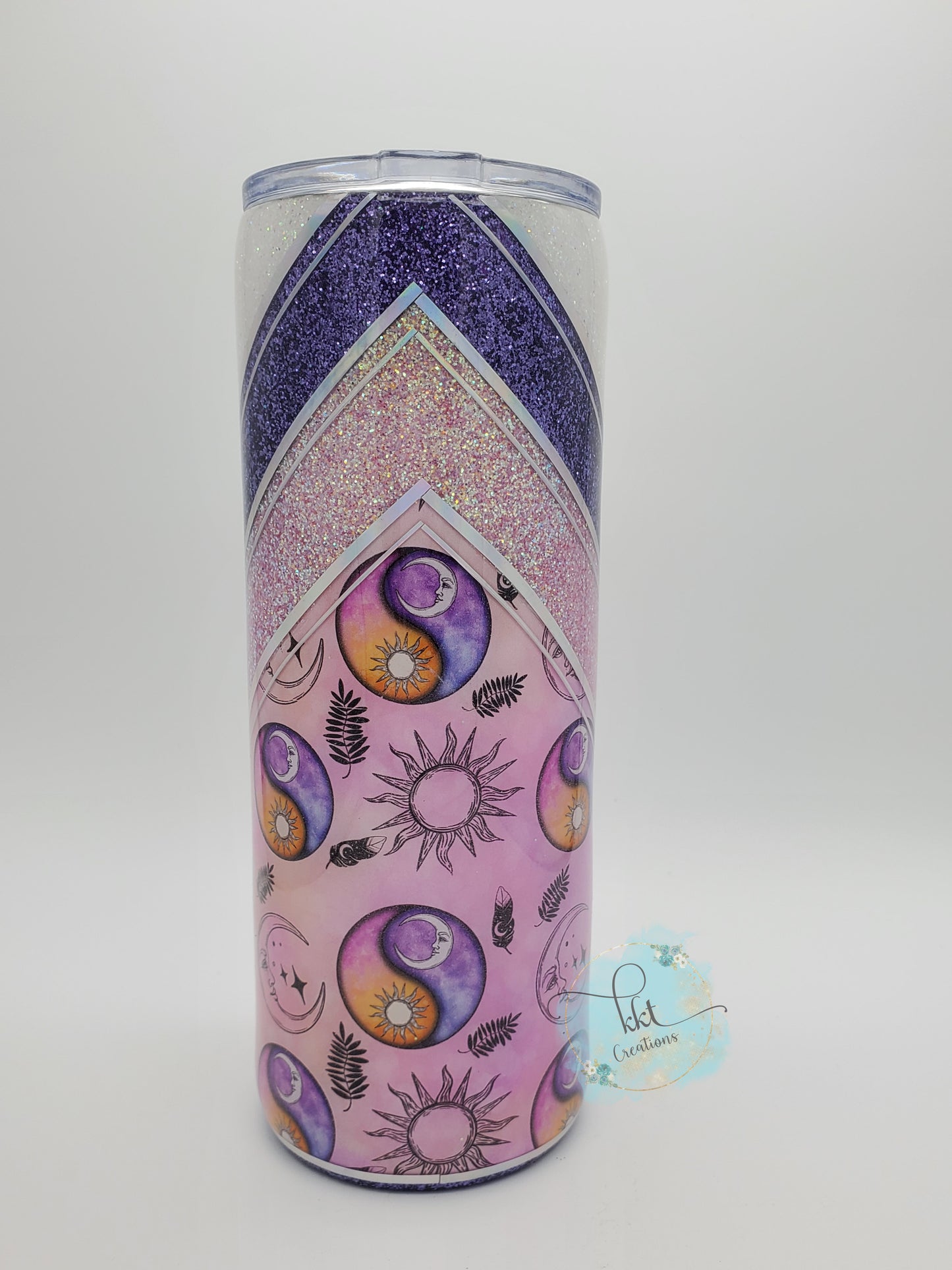 Find Your Balance Yin Yang Sun Moon V-Split glitter custom tumbler - 24 oz skinny - pink, purple