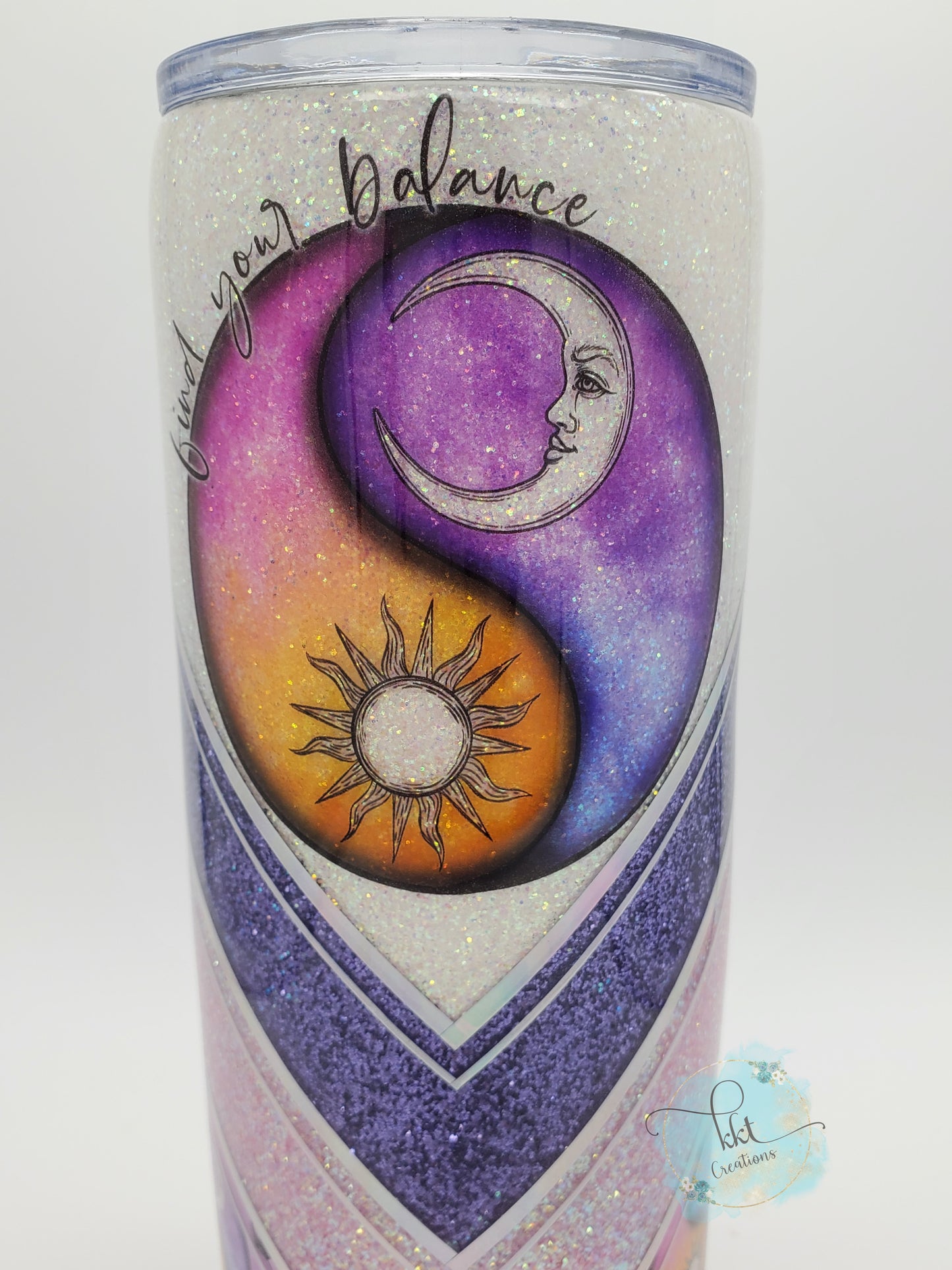 Find Your Balance Yin Yang Sun Moon V-Split glitter custom tumbler - 24 oz skinny - pink, purple