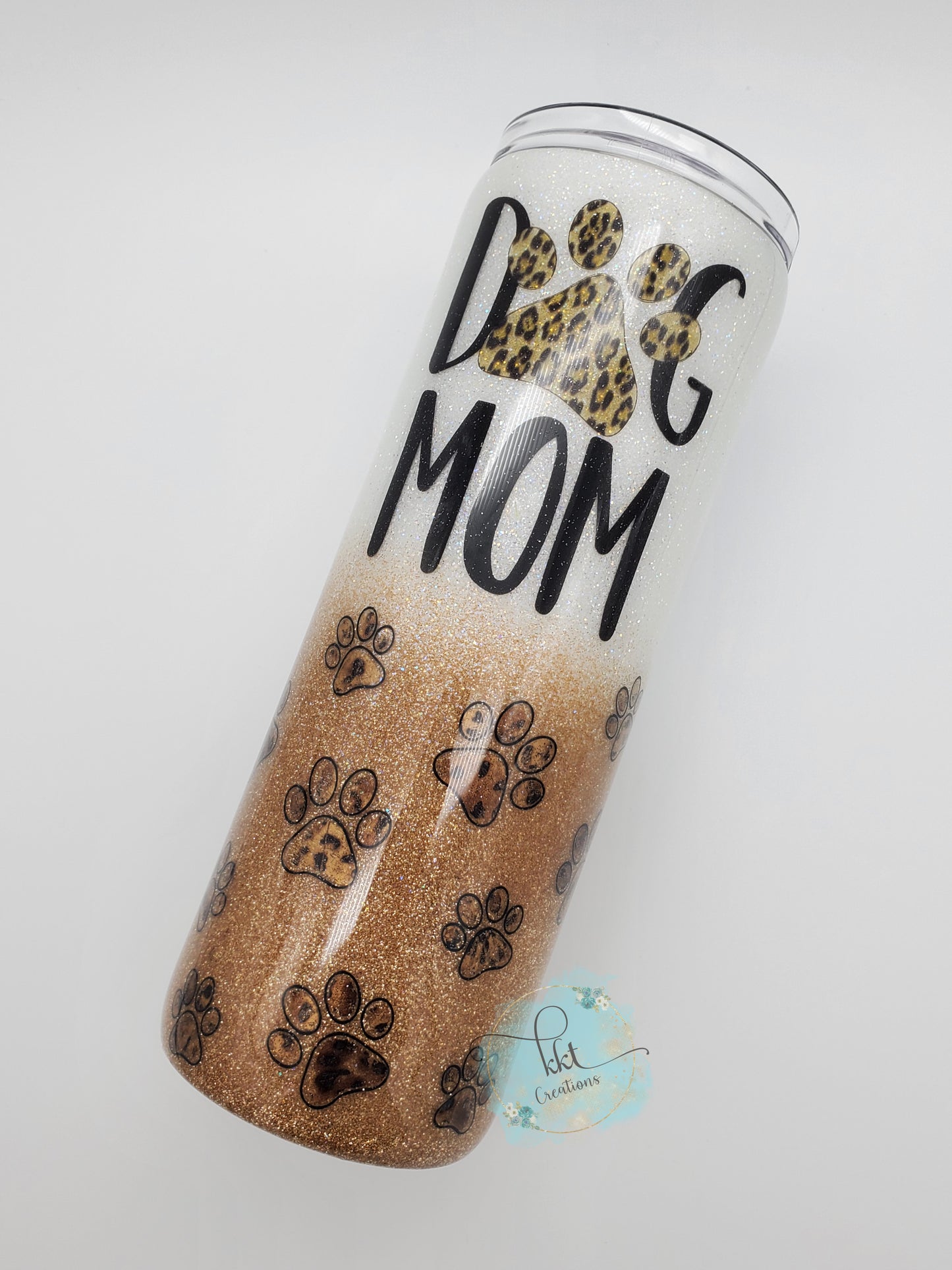 DOG MOM pawprint leopard foil glitter custom tumbler - 20 oz skinny - white, gold