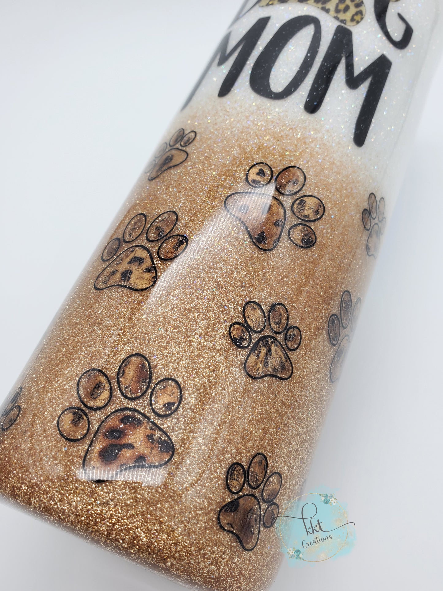 DOG MOM pawprint leopard foil glitter custom tumbler - 20 oz skinny - white, gold