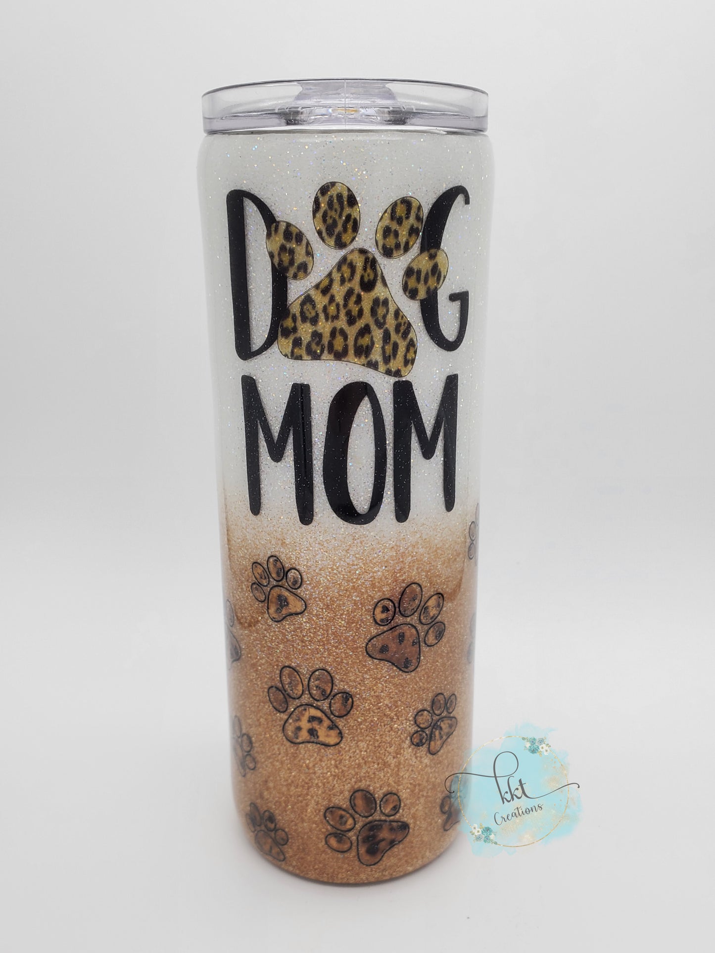 DOG MOM pawprint leopard foil glitter custom tumbler - 20 oz skinny - white, gold