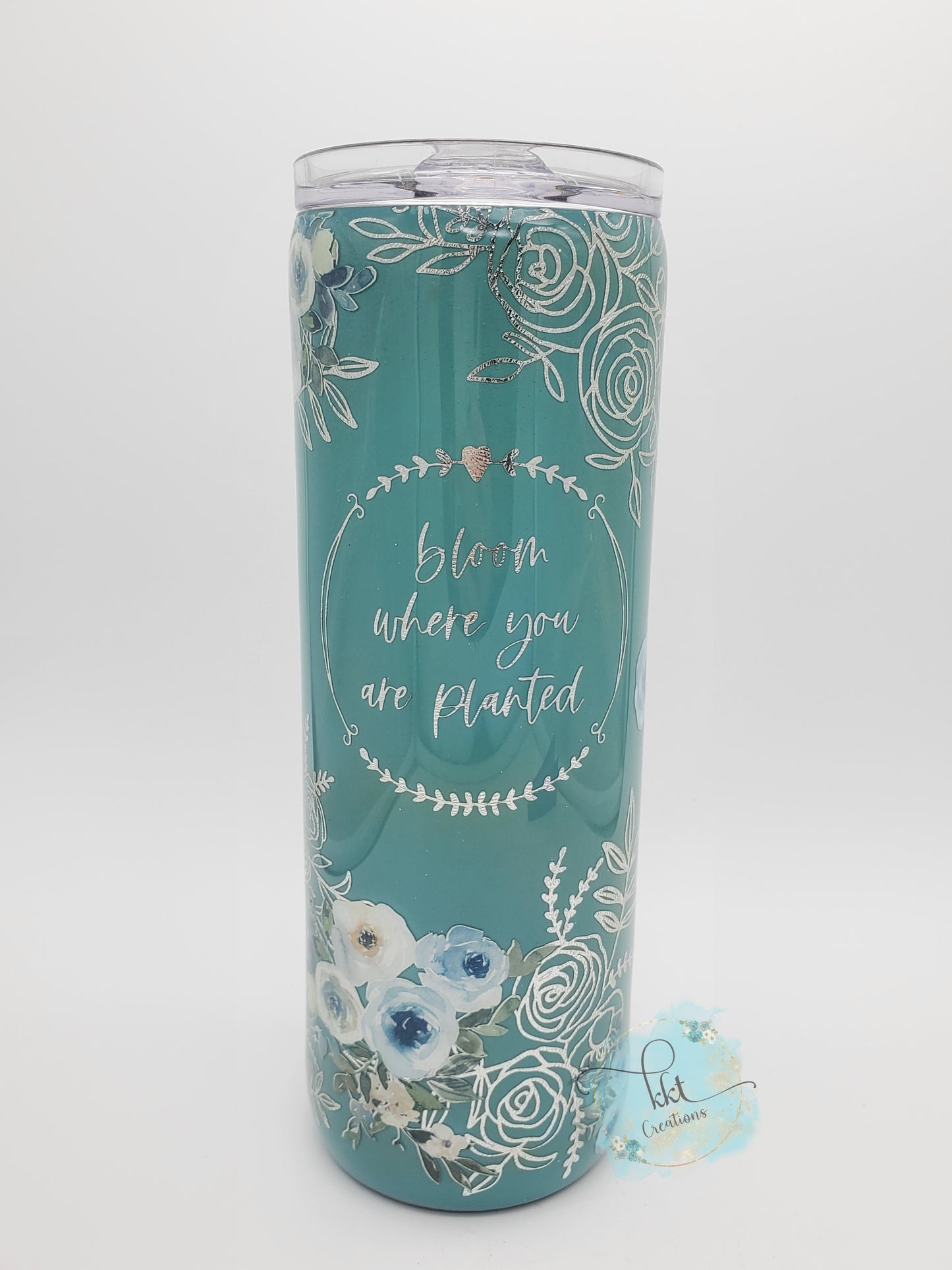 Bloom Where you are Planted floral custom tumbler - 20 oz skinny - turquoise, silver