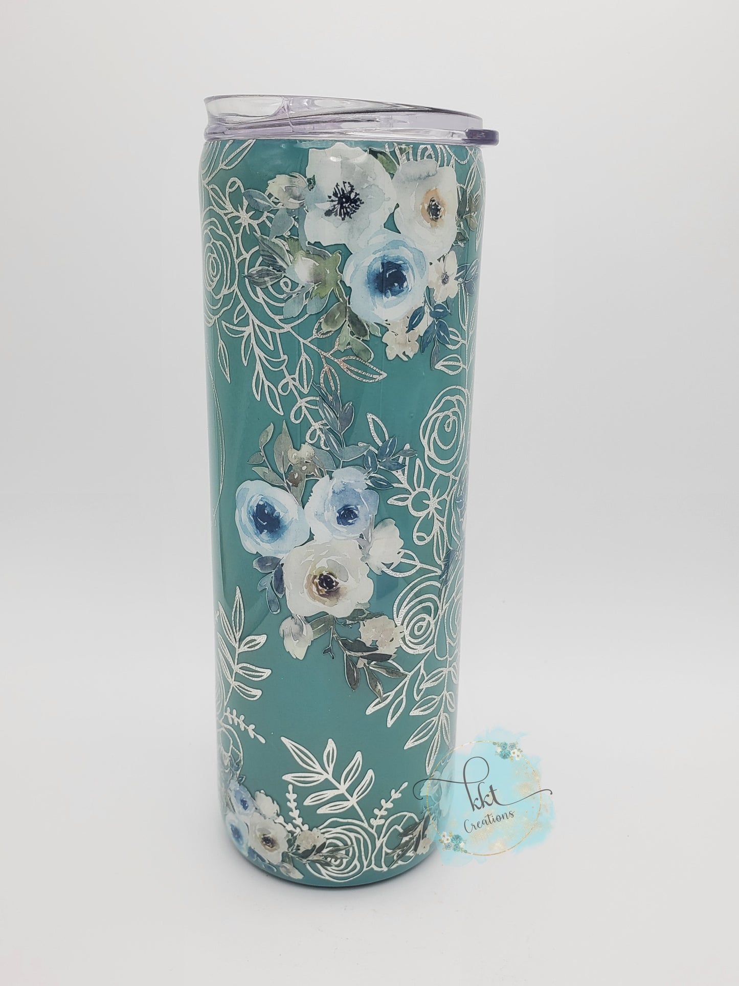 Bloom Where you are Planted floral custom tumbler - 20 oz skinny - turquoise, silver