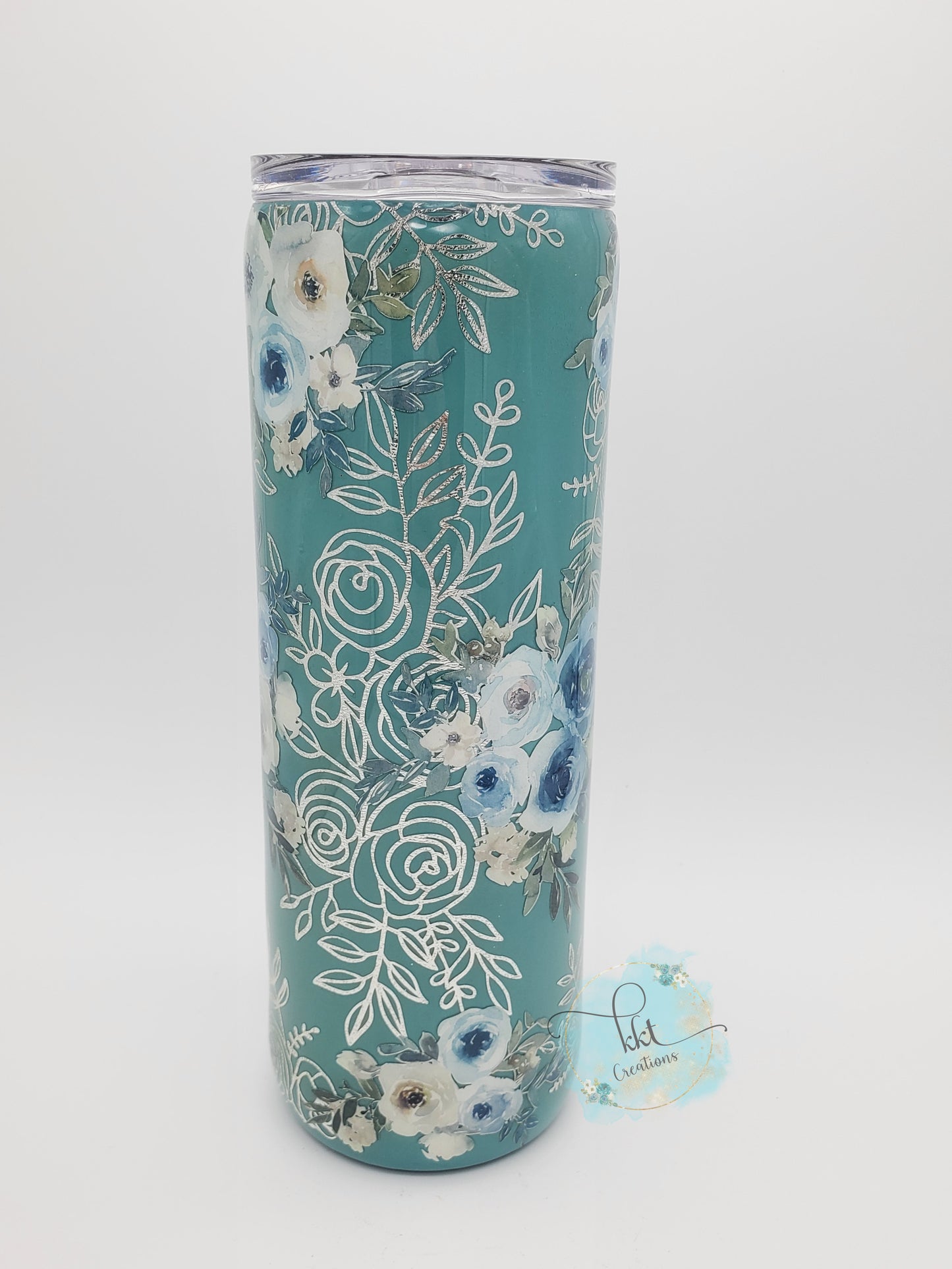 Bloom Where you are Planted floral custom tumbler - 20 oz skinny - turquoise, silver