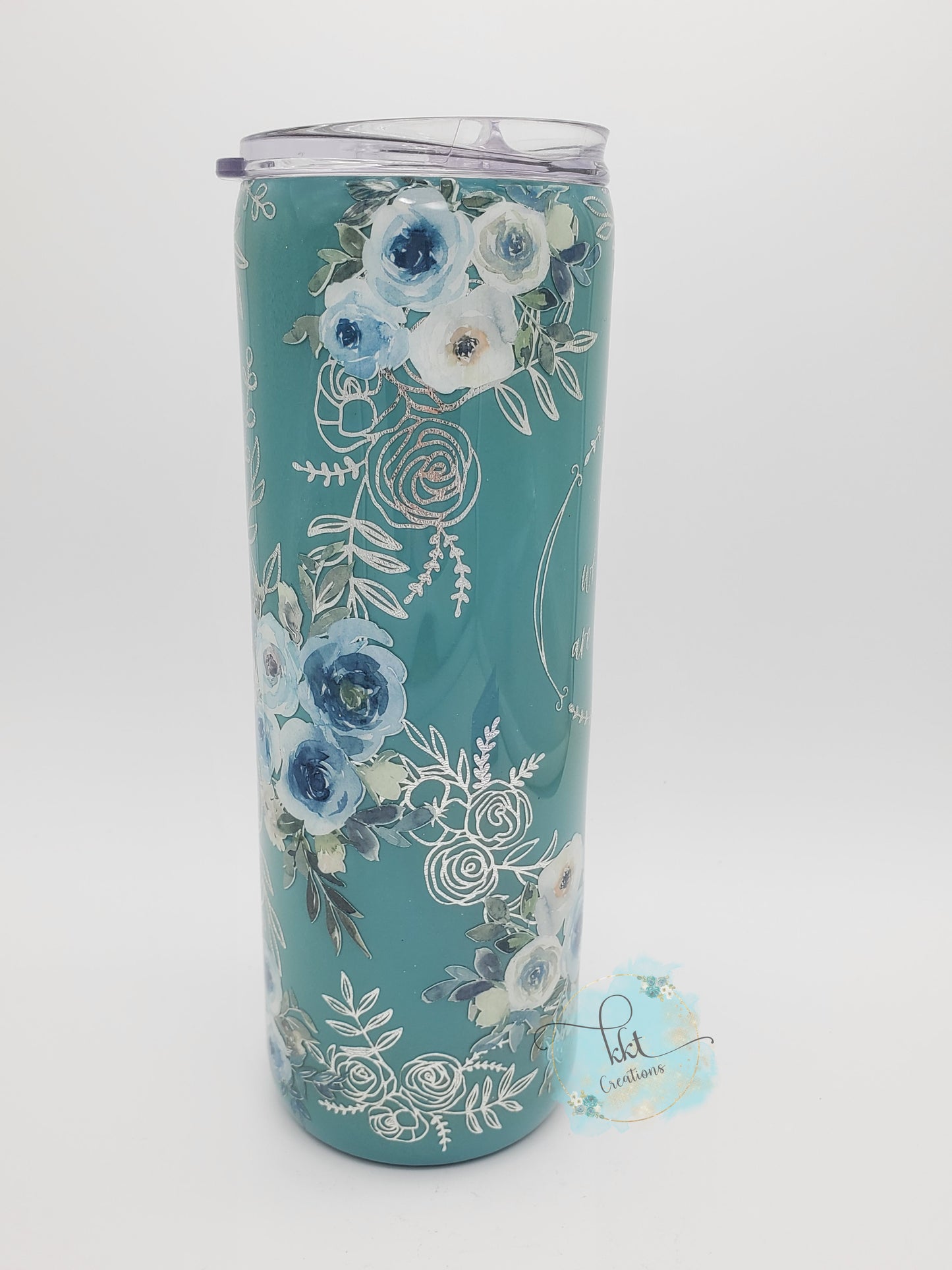 Bloom Where you are Planted floral custom tumbler - 20 oz skinny - turquoise, silver