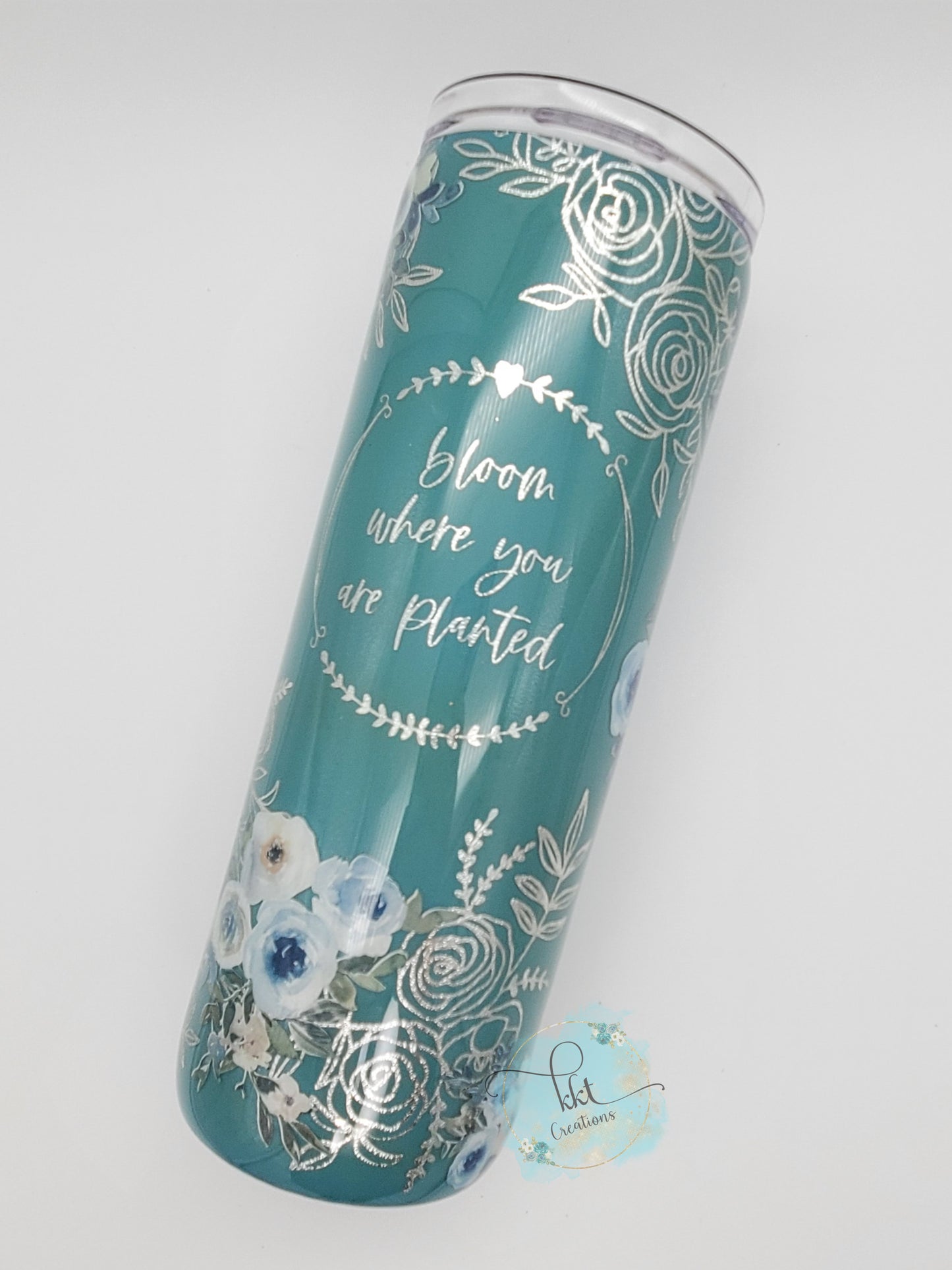 Bloom Where you are Planted floral custom tumbler - 20 oz skinny - turquoise, silver