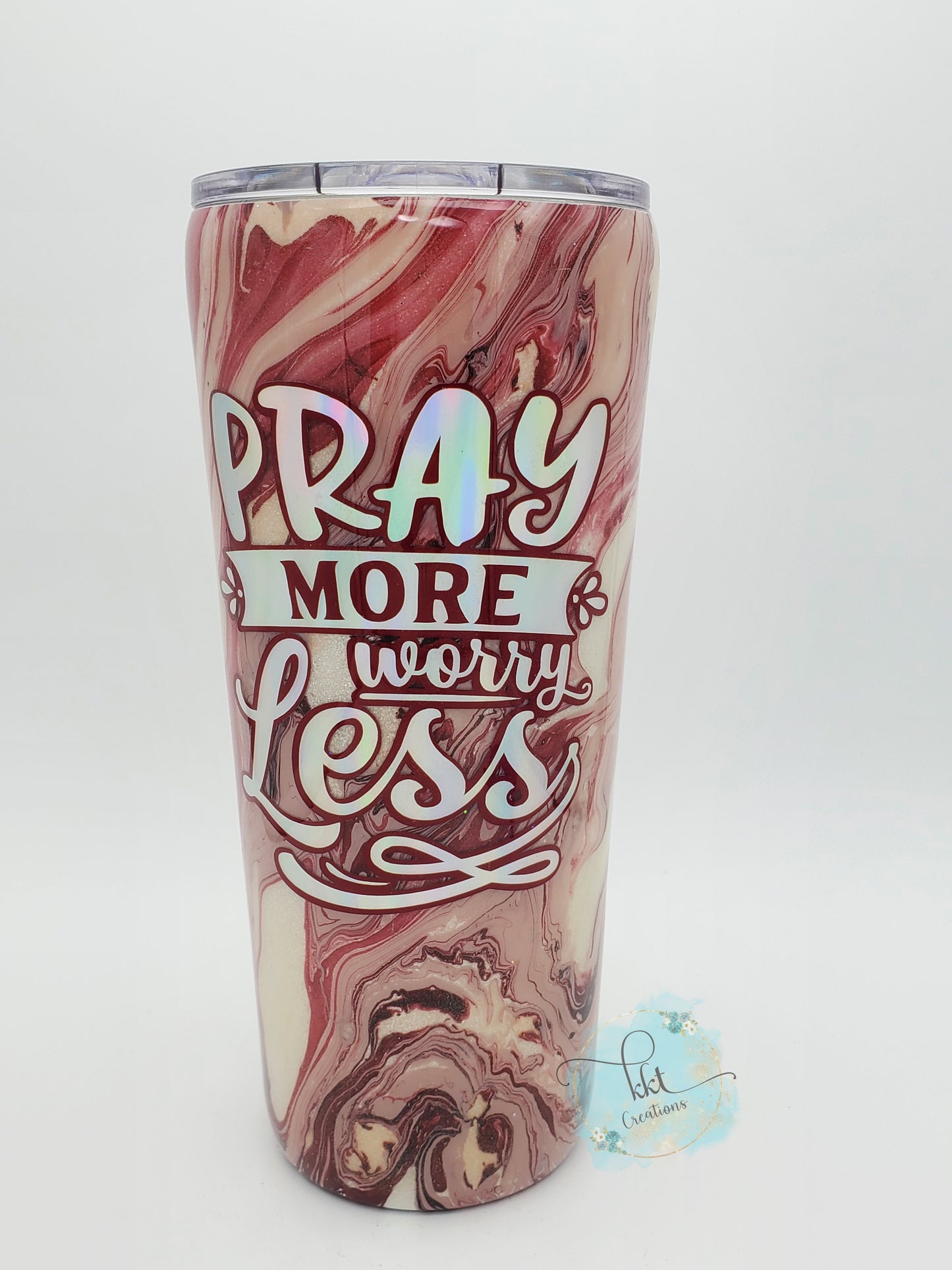 Pray More Worry Less Hydrodip Custom Tumbler - 22 oz slim taper - maroon/wine, pink, white