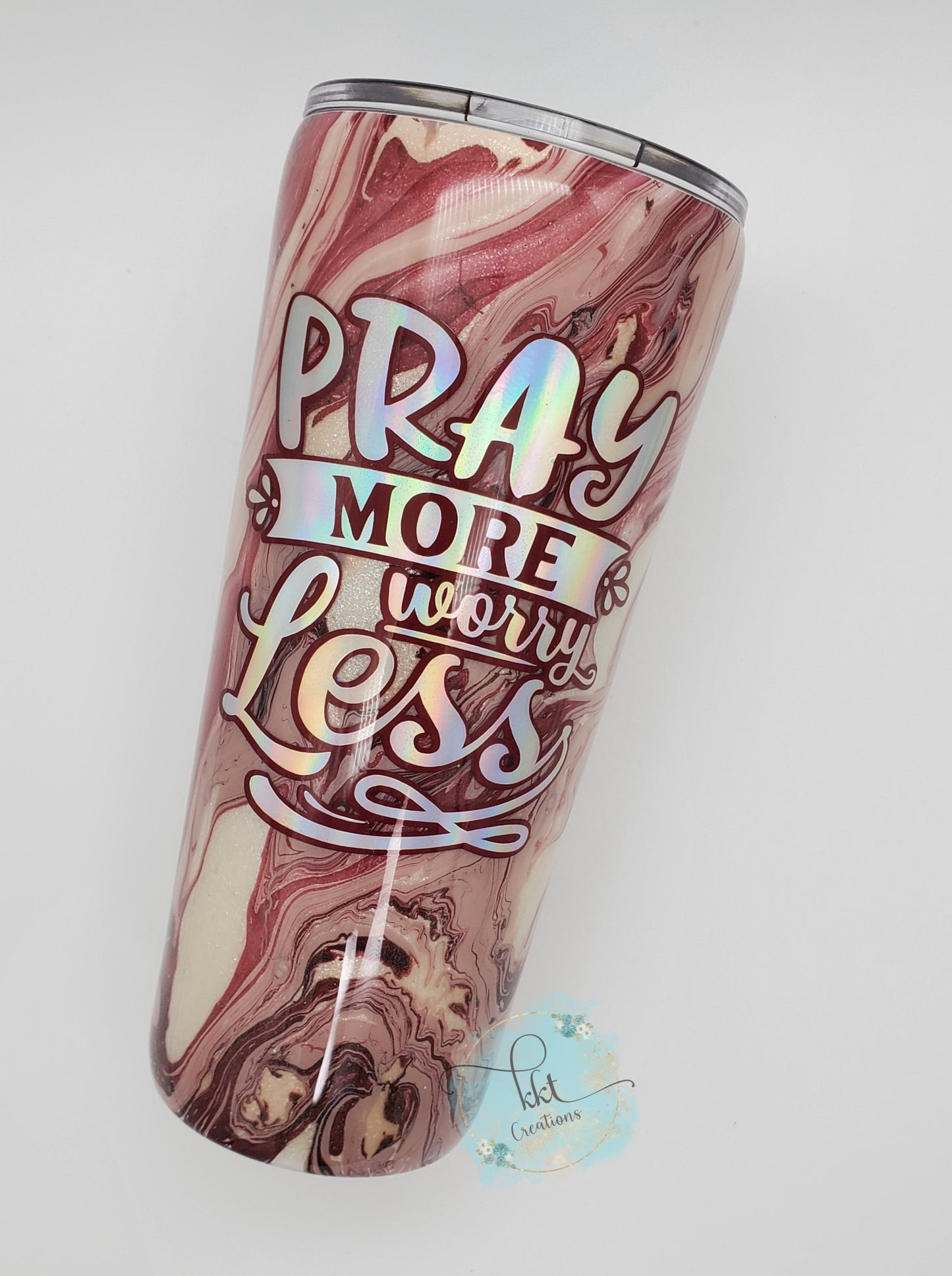 Pray More Worry Less Hydrodip Custom Tumbler - 22 oz slim taper - maroon/wine, pink, white