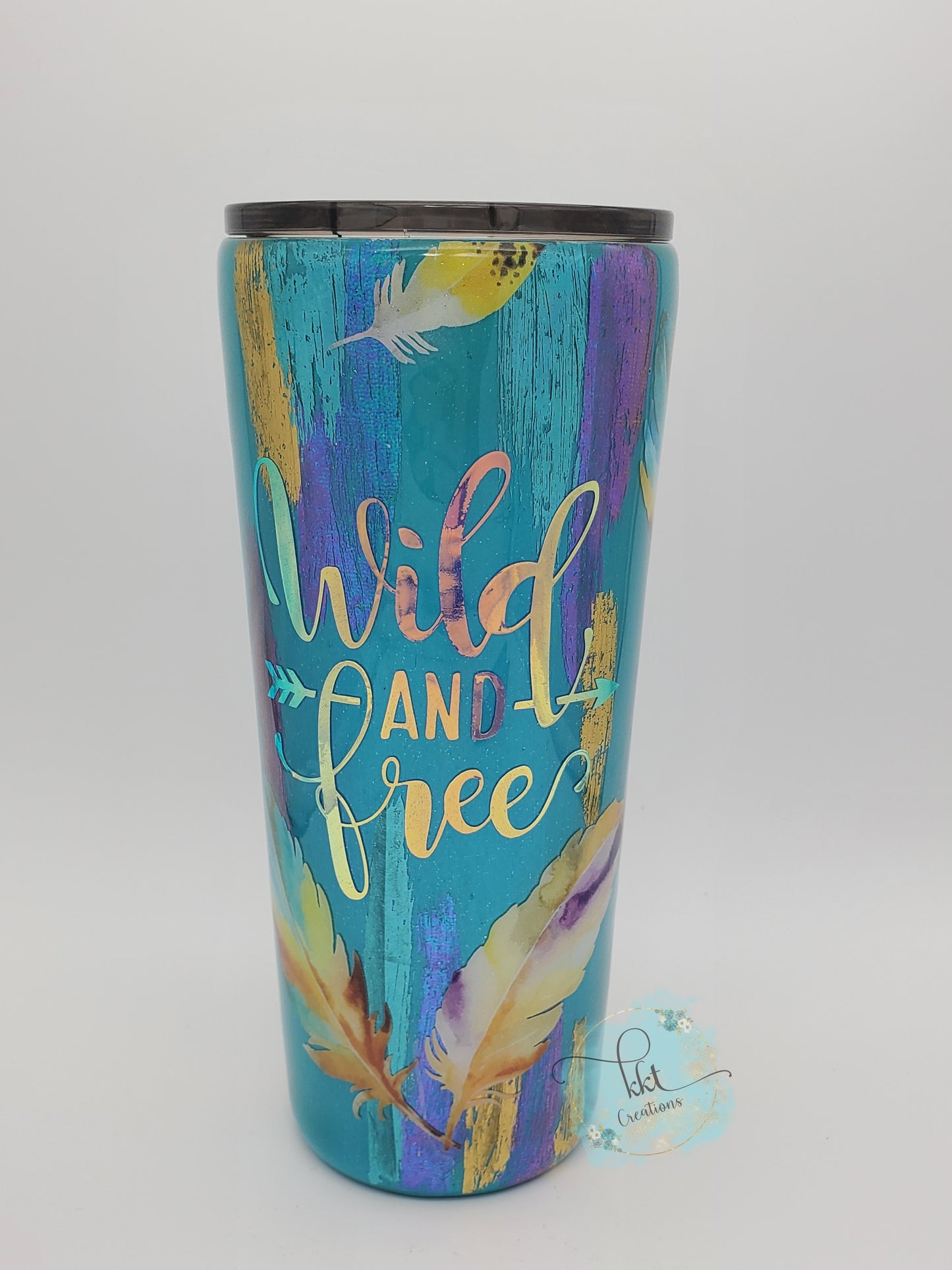 Wild & Free brushstroke, foil feather Custom Tumbler - 22 oz slim taper - turquoise, gold, purple