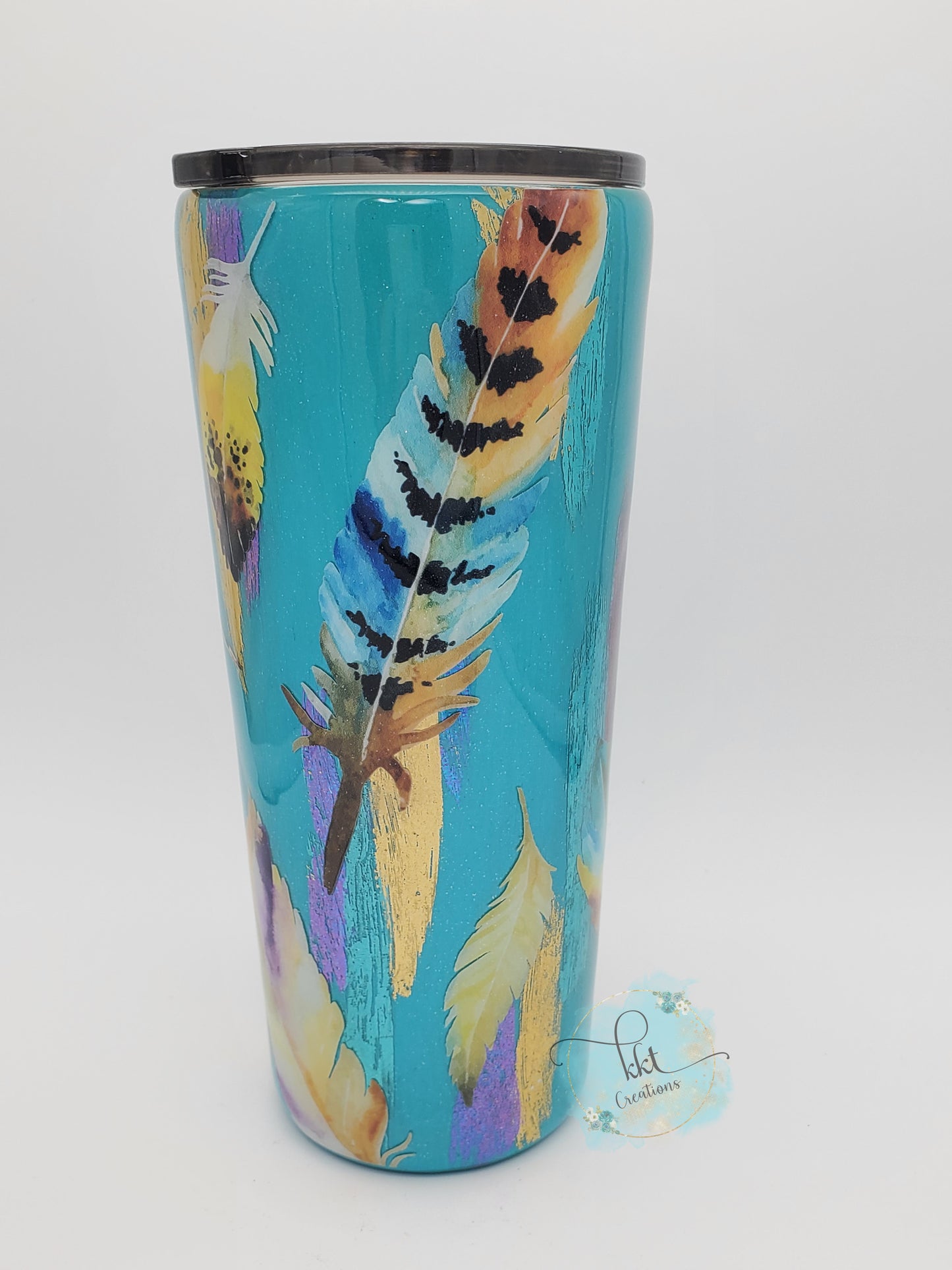 Wild & Free brushstroke, foil feather Custom Tumbler - 22 oz slim taper - turquoise, gold, purple