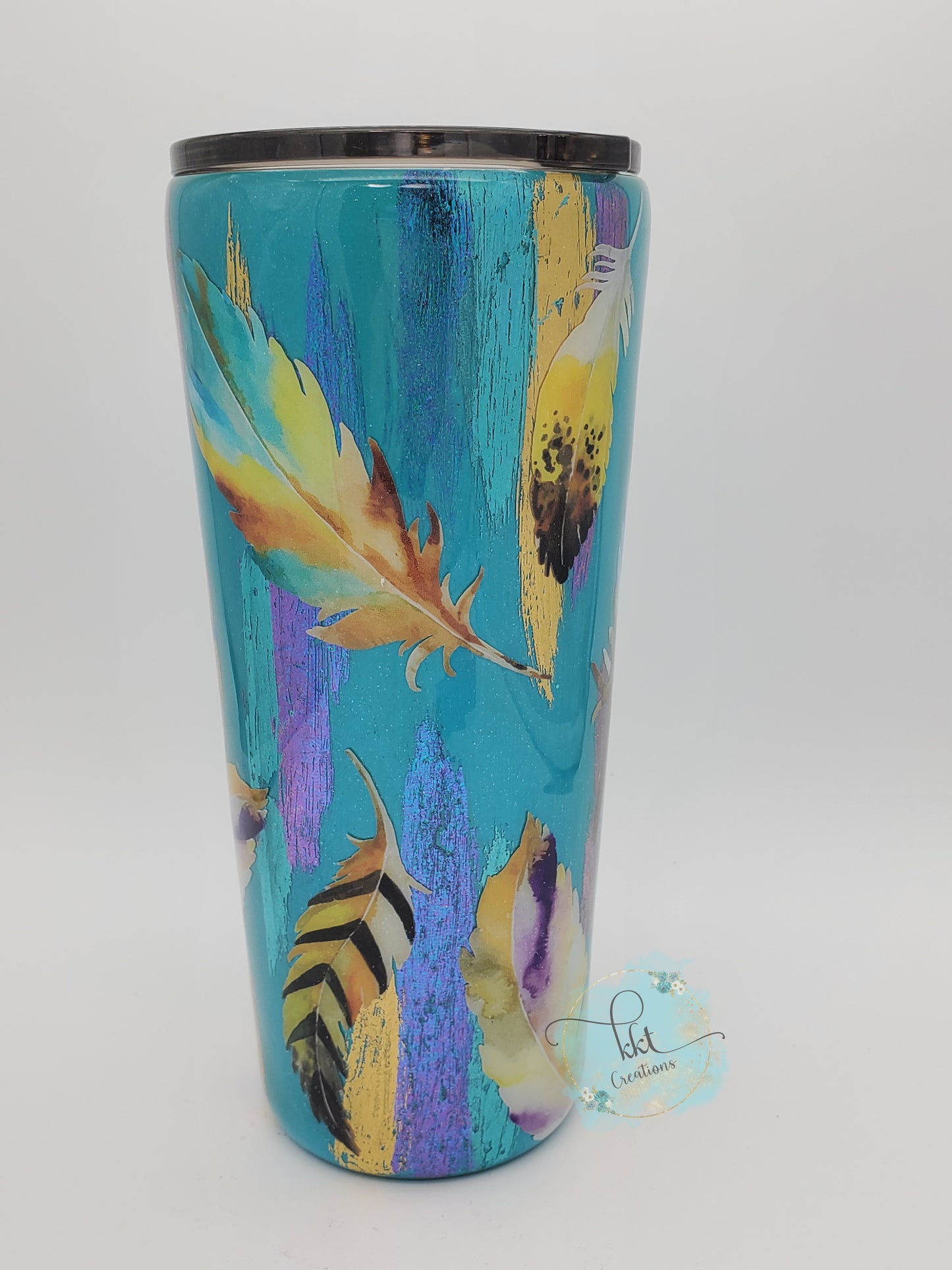 Wild & Free brushstroke, foil feather Custom Tumbler - 22 oz slim taper - turquoise, gold, purple