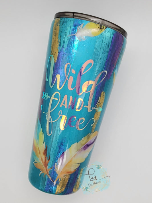 Wild & Free brushstroke, foil feather Custom Tumbler - 22 oz slim taper - turquoise, gold, purple