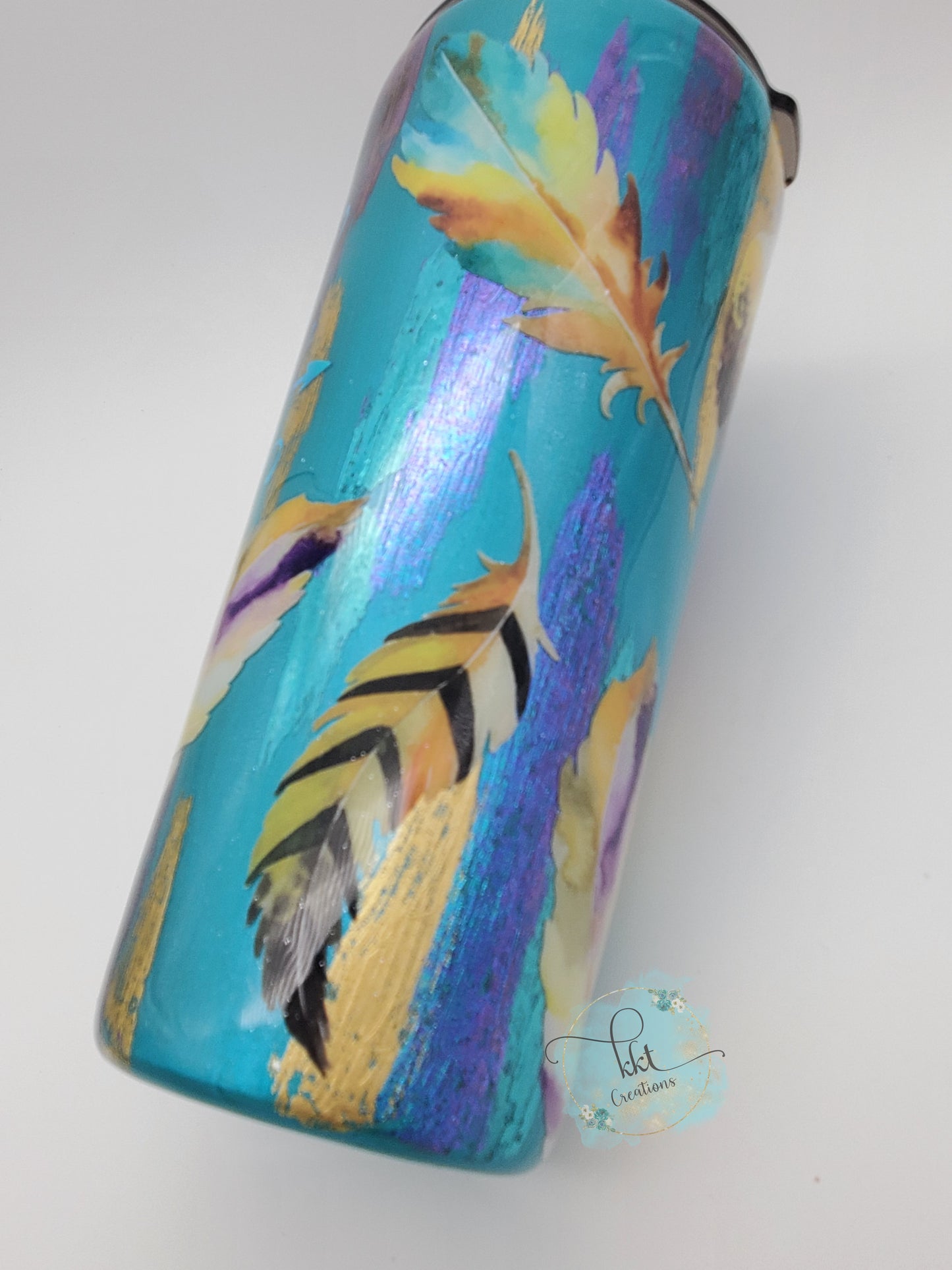 Wild & Free brushstroke, foil feather Custom Tumbler - 22 oz slim taper - turquoise, gold, purple