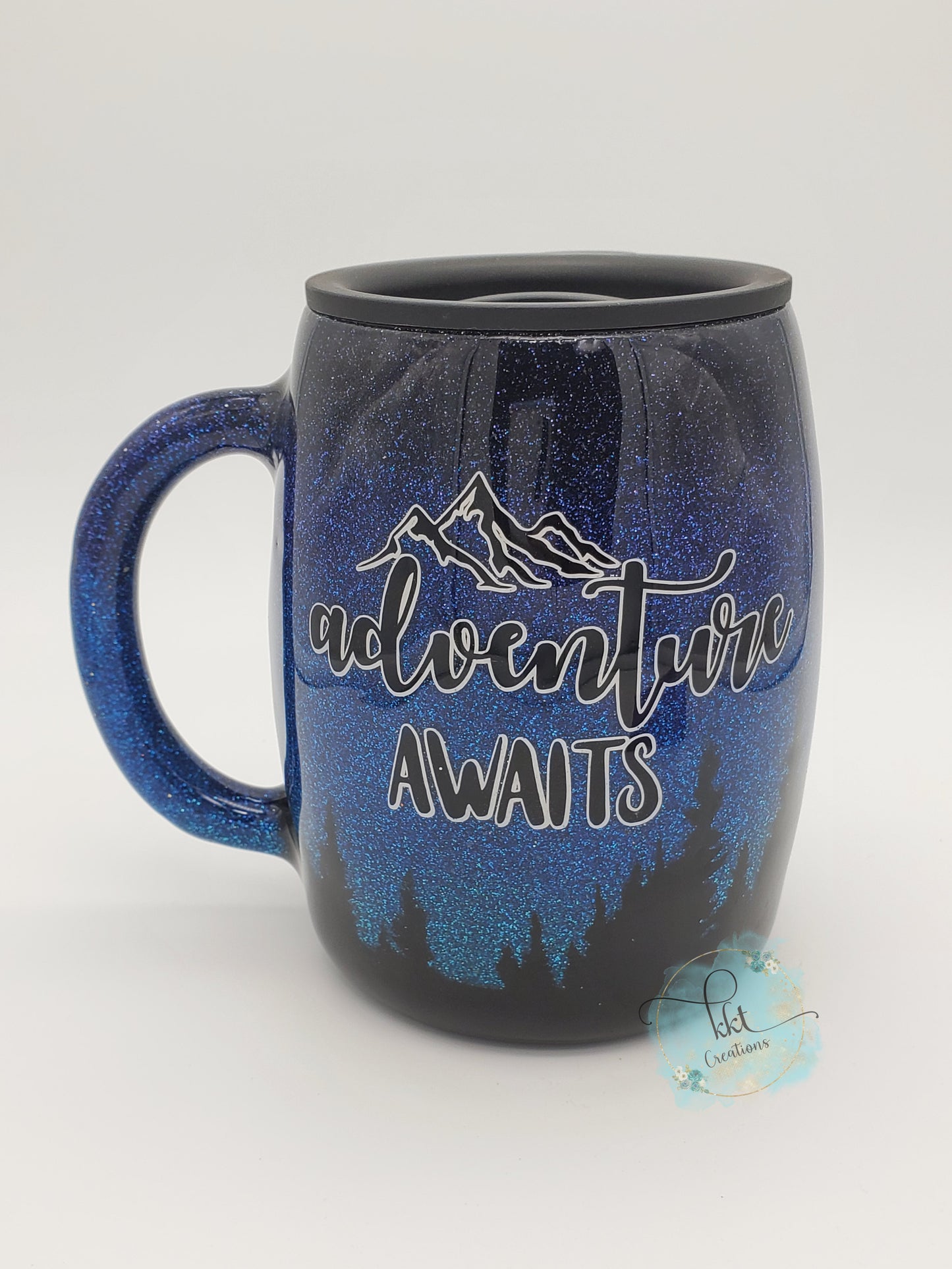 Adventure Awaits glitter Custom Tumbler - 14 oz curved coffee mug - blues, black