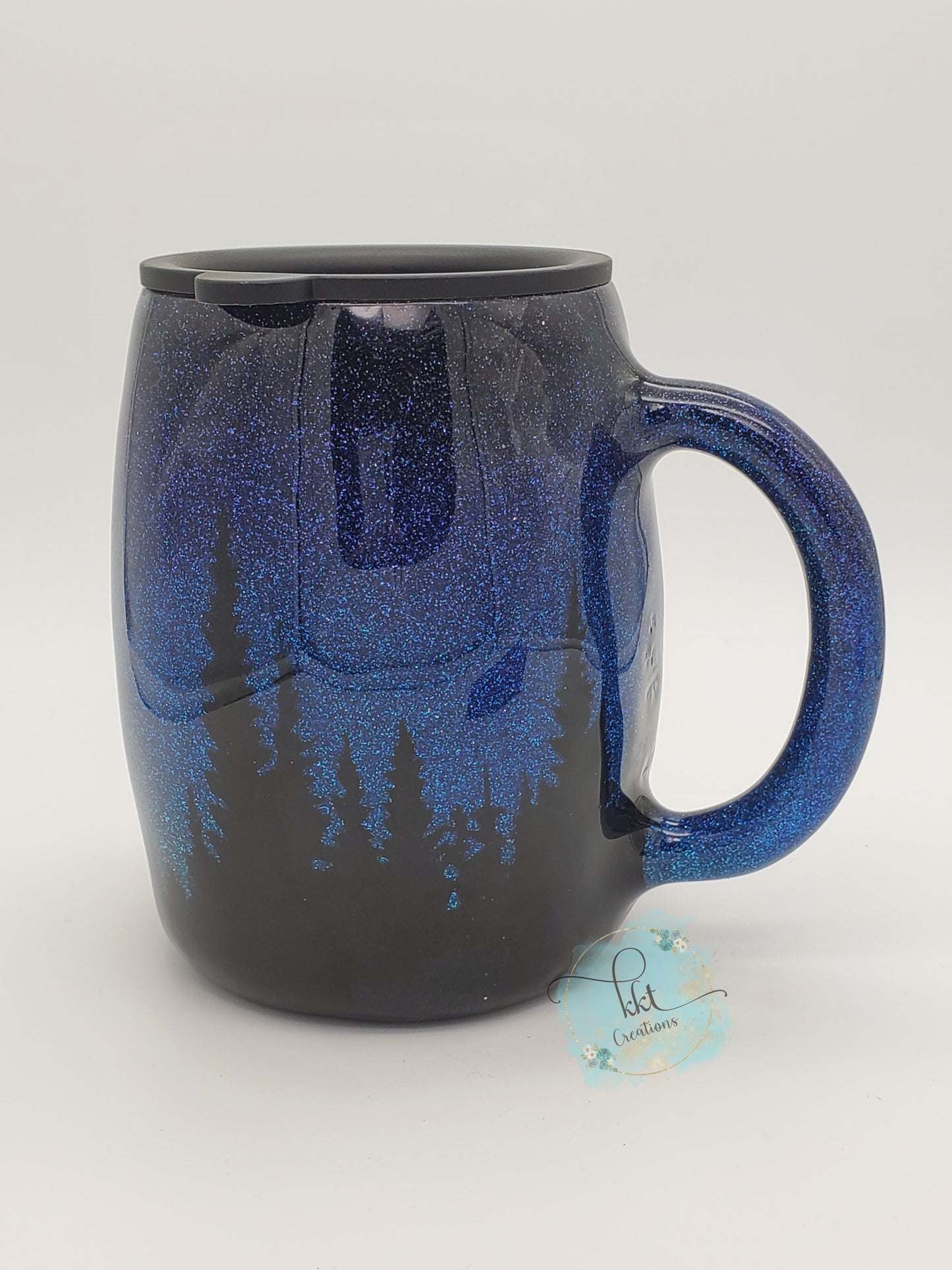 Adventure Awaits glitter Custom Tumbler - 14 oz curved coffee mug - blues, black