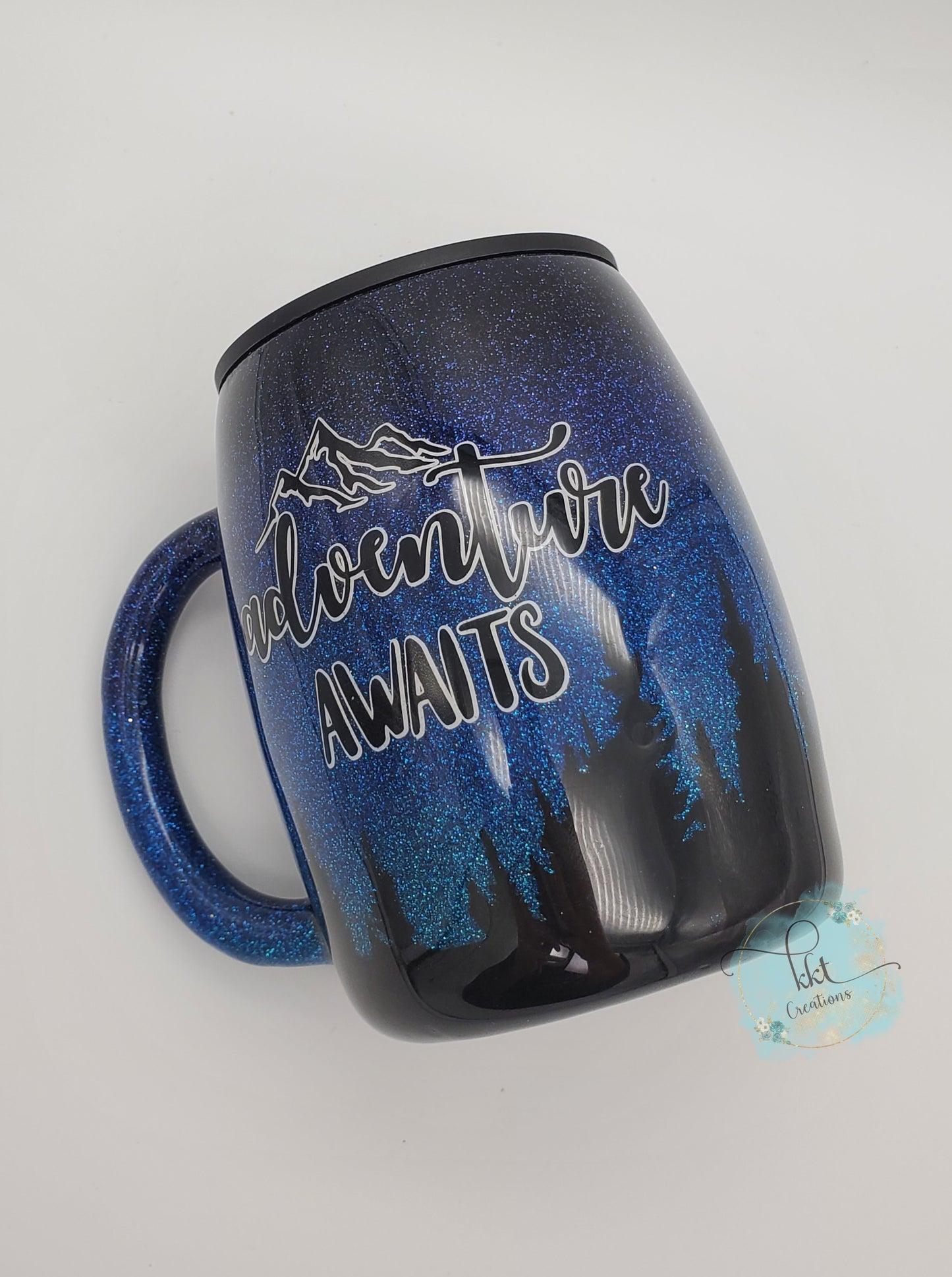 Adventure Awaits glitter Custom Tumbler - 14 oz curved coffee mug - blues, black