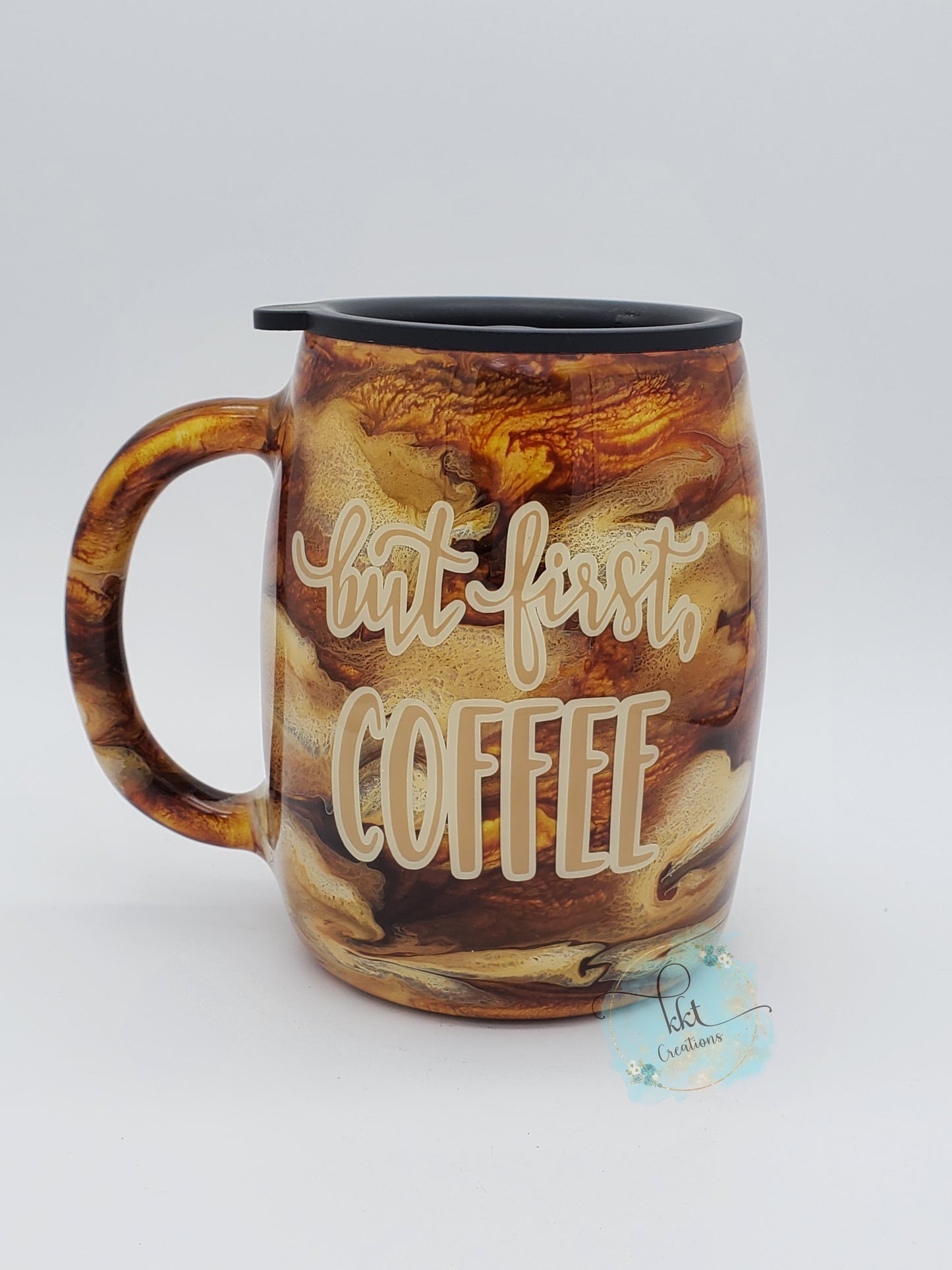 Coffee But first, coffee swirl Custom Tumbler - 14 oz curved coffee mug - browns, cream