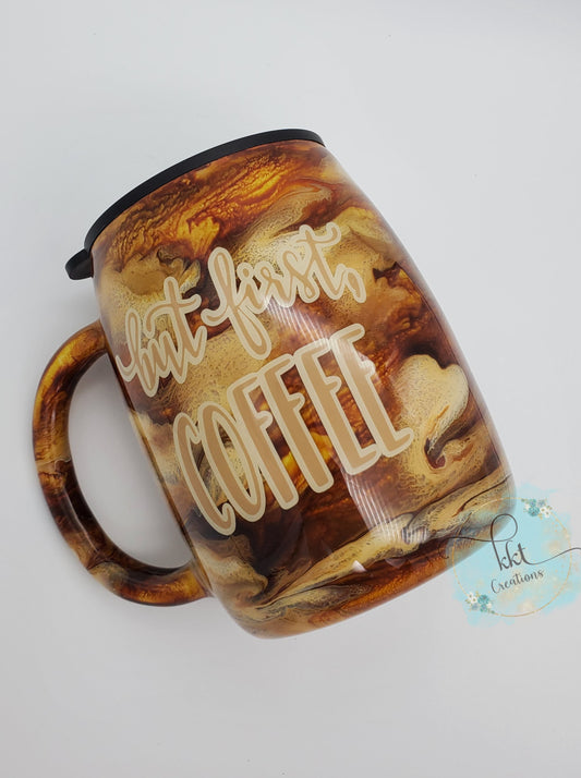 Coffee But first, coffee swirl Custom Tumbler - 14 oz curved coffee mug - browns, cream