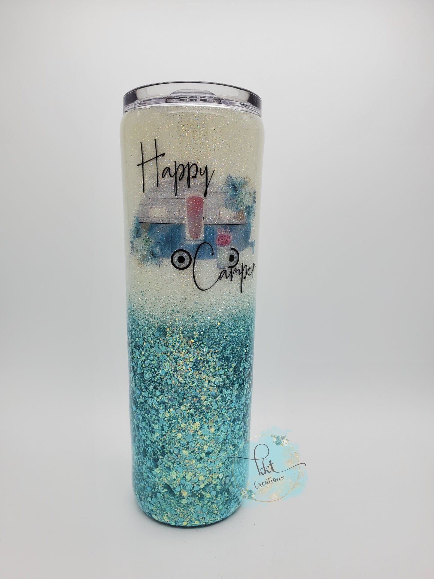 Happy Camper Glittered Custom Tumbler - 30 oz Skinny Taper - white, turquoise