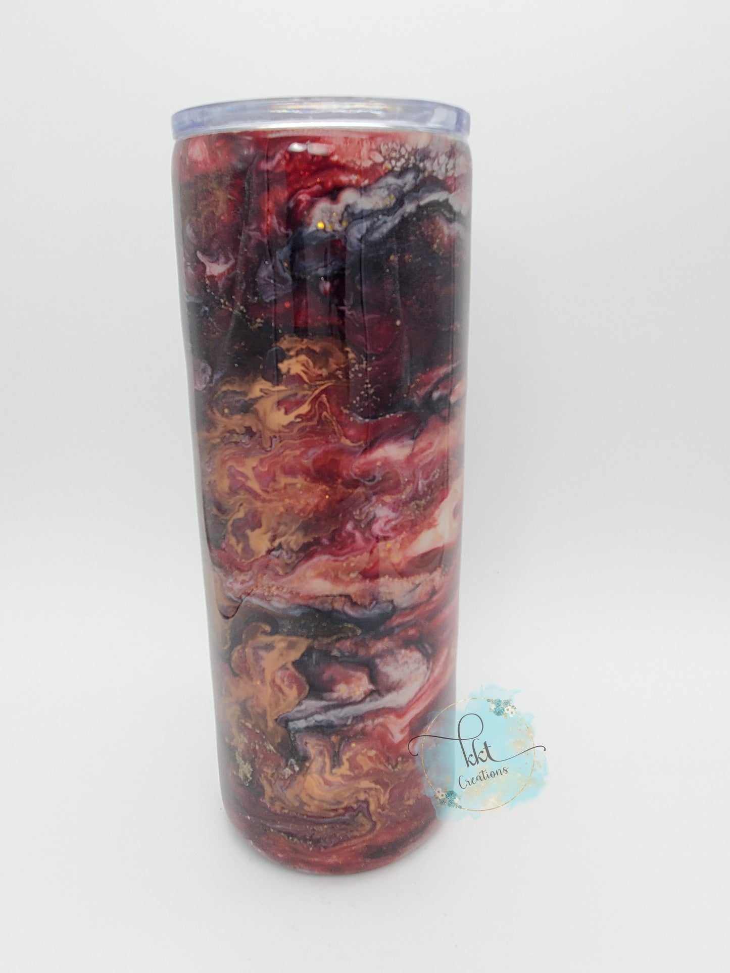 Alcohol Ink Pigment Swirl Custom Tumbler - 24 oz Skinny - wine/maroon, copper, black